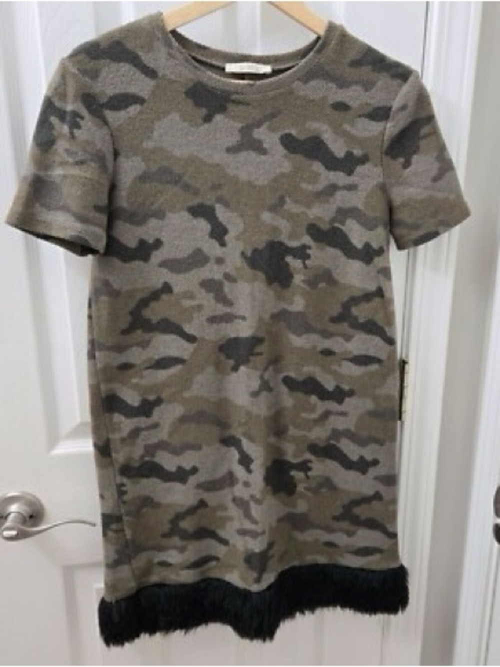 Zara Olive Camo Short Sleeve Mini Dress with Black Faux Fur Hem